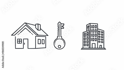 Real Estate Icons - House, Key, and Apartment Building in Outline Style.