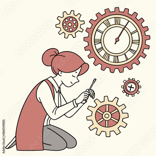 Woman working on clockwork gears with tools