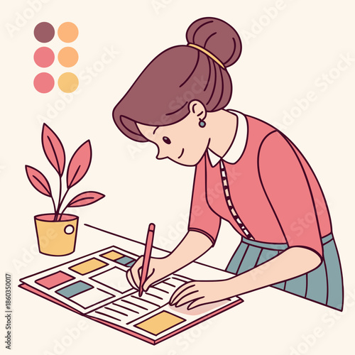 Woman writing in a comic book layout on desk
