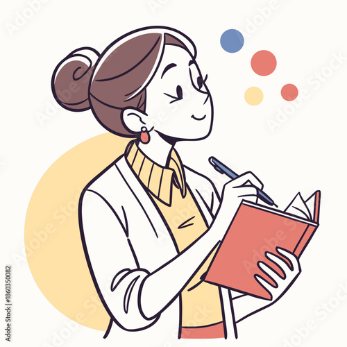 Woman Writing in Notebook with Ideas Bubbling