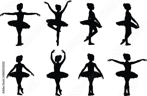 Ballet dancer silhouettes collection, graceful female poses, classical dance movement, elegance and performance art, black vector illustration set design pack