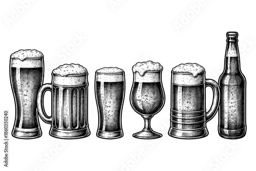 Vintage beer glasses and bottles with intricate hand-drawn details