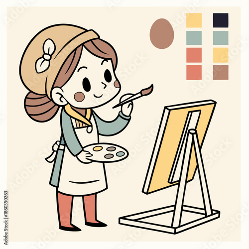 Young artist painting on canvas with palette and brush