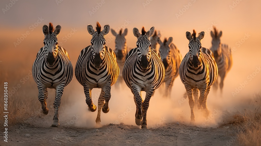 Obraz premium Herd of zebras running directly towards the camera on a dusty track during golden hour with backlighting creating a halo around their manes.