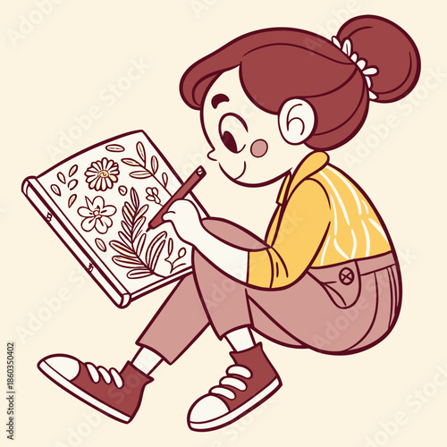 Young girl drawing flowers in sketchbook