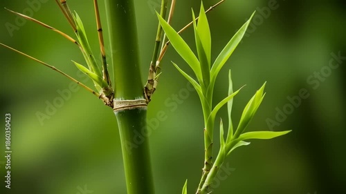 Bamboo Stems with Green Leaves Closeup.