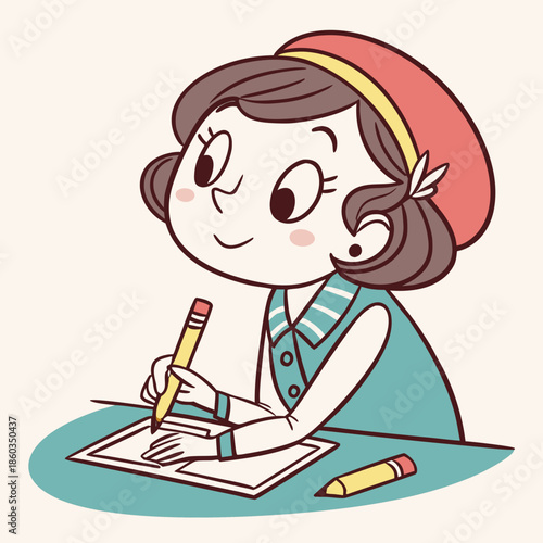 Young Girl Drawing with Pencil on Paper