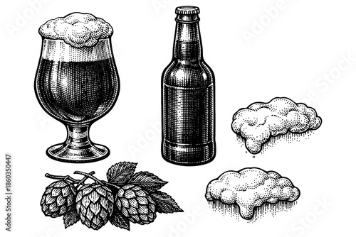 Hand drawn beer elements with hop leaves and foam details
