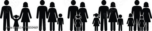 Black family silhouette icons showing parents and children, diverse family sizes, modern flat design for social, parenting, and demographics concepts