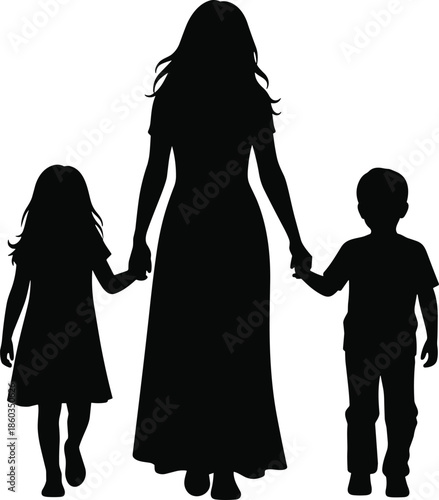 Mother holding children hands silhouette, family love and protection concept, parenting care, childhood bond, togetherness journey, black vector illustration
