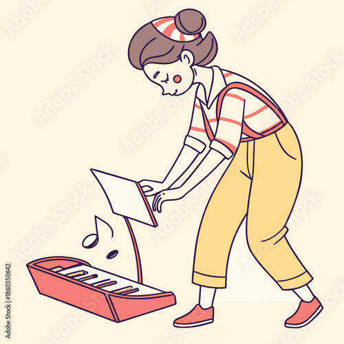 Young girl playing keyboard with musical notes