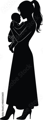 Mother holding baby silhouette, tender motherhood moment, maternal love and care concept, family bonding, elegant parenting vector illustration design set