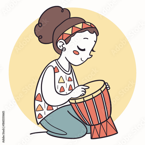 Young Girl Playing Traditional Drum