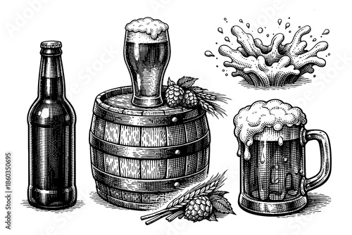 Vintage beer elements with hops and barrels in detailed engraving style