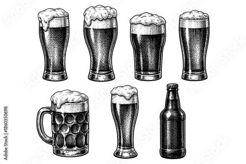 Vintage beer glasses and bottle set with classic etching style elements