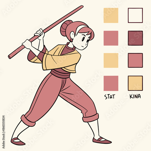 Young girl with staff in fighting stance