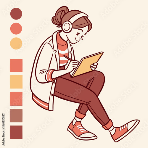 Young girl with headphones drawing in sketchbook