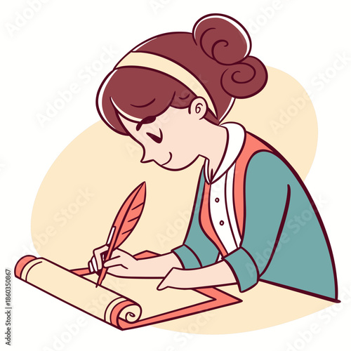 Young girl writing with a quill on a scroll