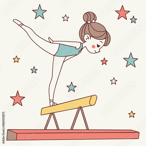 Young gymnast balances on beam with stars around