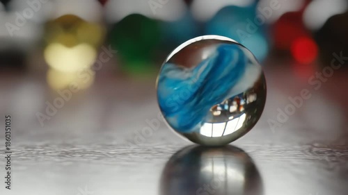 Linear motion — a marble rolling across a smooth surface, camera tracking millimeter by millimeter, reflections dancing across its surface as friction whispers against its path