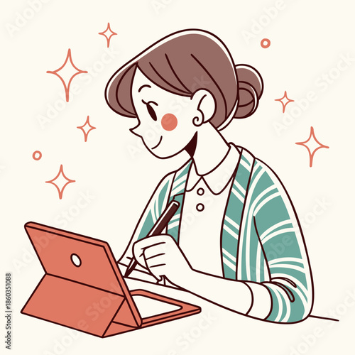 Young woman artist drawing on digital tablet with stylus