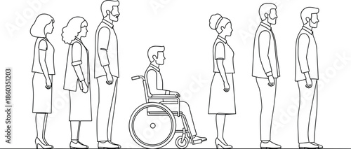 people line art illustration, diverse adults standing in queue including wheelchair user, social inclusion accessibility concept isolated vector design stock