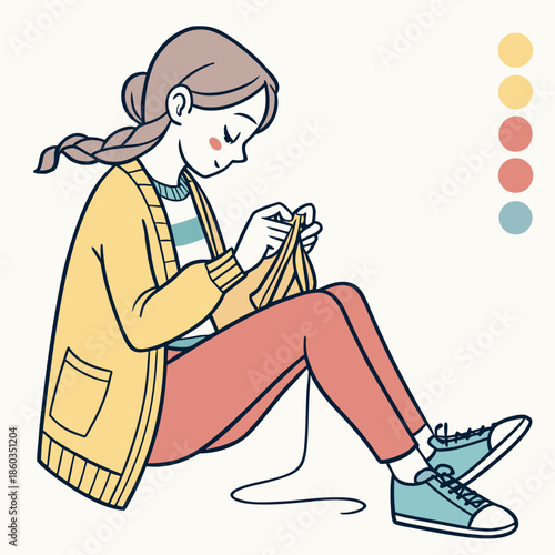 Young woman knitting a garment for a cozy hobby