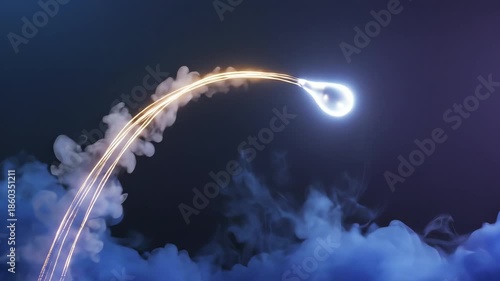 Projectile motion — a glowing droplet launched across a parabolic path, camera following from below as it arcs through illuminated mist, trajectory lines drawn faintly in golden light 