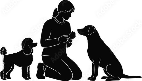 Black silhouette woman training dogs, pet obedience concept, kneeling female with dogs, animal training, dog behavior illustration, flat vector design