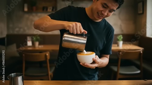 Barista Preparing Coffee Drink in Cafe.