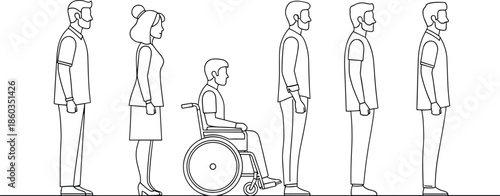 people line art queue illustration, diverse adults standing including wheelchair user, accessibility inclusion social equality concept isolated vector design