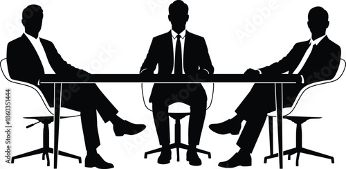 Business meeting silhouettes of executives at conference table, corporate teamwork discussion, leadership strategy concept, professional office vector illustration design set