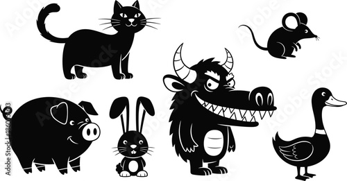 Cartoon animal silhouette set, cute cat pig rabbit mouse duck monster characters, kids illustration, black isolated vector collection, white background