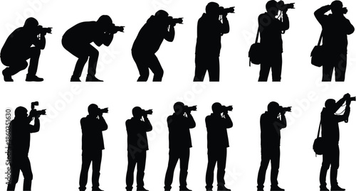 Photographer silhouette set, professional camera poses, photojournalist working angles, media coverage concept, black isolated vector illustration, white background, studio, collection