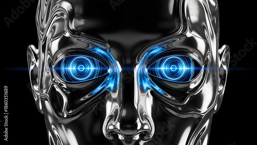 Y2K Style Metallic Gynoid Head in Close up view with Distorted Liquid, Neon Blue Pupil in the EYe Looking forward, Dark Atmosphere