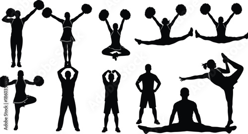 Cheerleader silhouette poses set, athletic jump stretch movements, dance fitness action collection, sports performance illustration, isolated black vector figures