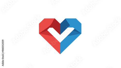 Geometric Heart Symbol with Checkmark Red and Blue Design.