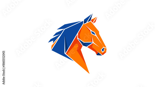 Geometric Horse Head Logo Design in Blue and Orange.