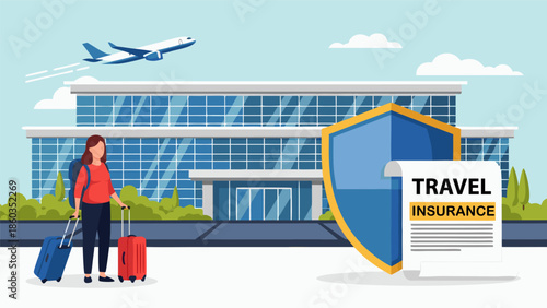 Travel Insurance vector illustration with traveler at airport and airplane in sky
