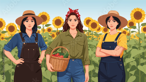 Vector illustration of three female farmers in a sunflower field holding a basket of produce