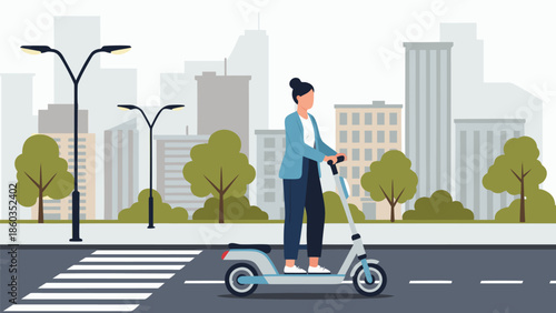 A vector illustration of a person riding an electric scooter through a city street with buildings and trees in the background