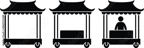 Street food cart silhouettes set, traditional vendor stalls with canopy, mobile kiosk icons, market booth illustration, black flat vector design