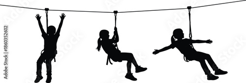 children zipline silhouette illustration, kids adventure activity isolated, outdoor playground fun concept for travel recreation design advertising branding