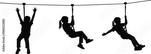 children zipline silhouettes, kids outdoor adventure activity isolated, playground cable ride fun recreation illustration for design projects branding advertising stock