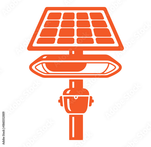 Orange solar powered street light with panel energy icon illustration design.