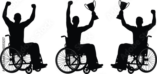 Wheelchair athlete celebration silhouettes holding trophy, victory success and empowerment concept, adaptive sports achievement, inspirational disability vector illustration