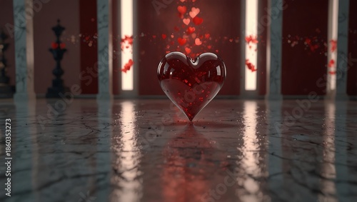 Red hearts on a rustic wooden background and wall create a romantic Valentine's Day symbol and holiday decoration, serving as a shiny red illustration and celebration gift card for love