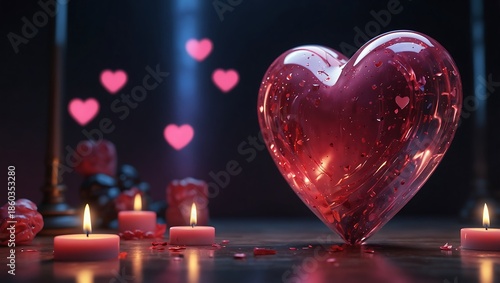 A shiny red heart shaped candle creates a romantic symbol of love for a Valentine's Day celebration illustration or wedding card design