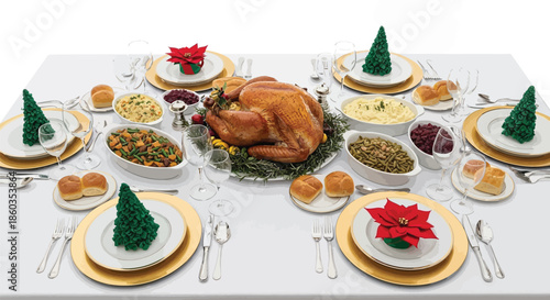 A festive thanksgiving table setting with turkey sides and christmas tree decorations on each plate