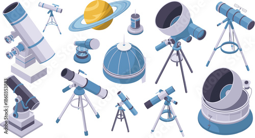 Isometric astronomy equipment illustration set with telescopes observatory domes satellite dish and planet space science concept